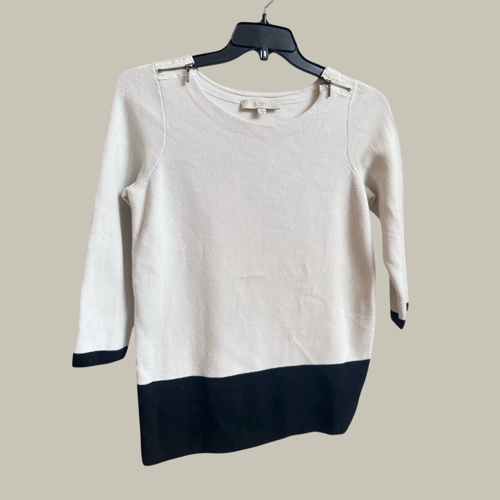 LOFT Cream & Black Colorblock 3/4 Sleeve Knit Sweater - Size M Classic Chic